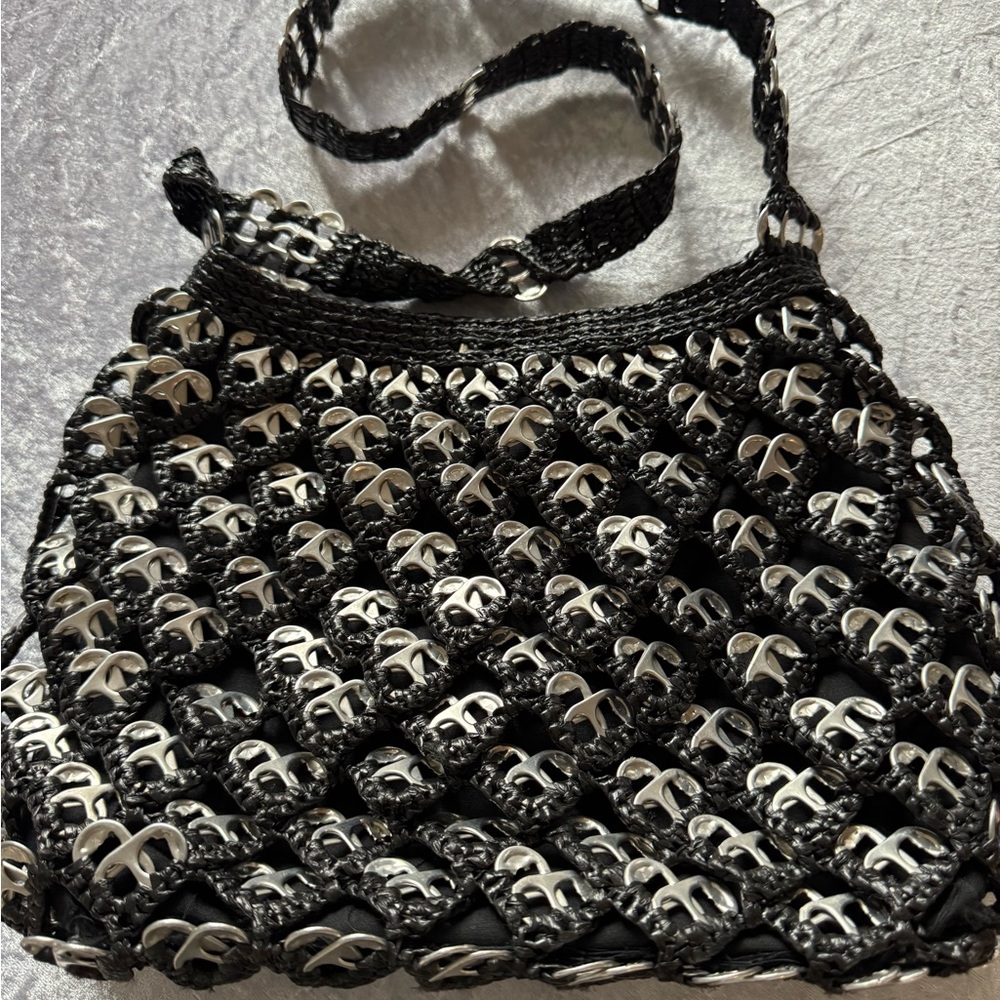 Black Woven Bottle Cap Shoulder Bag